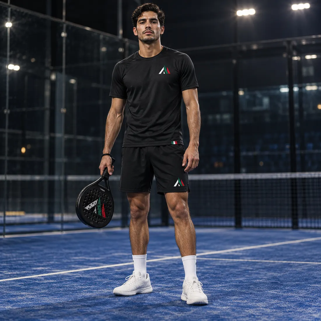 Jugador con el uniforme negro de la asociación en una cancha nocturna